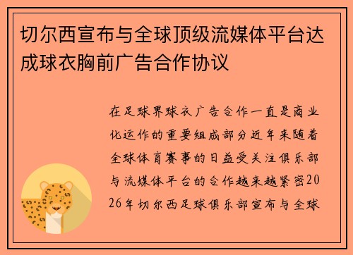 切尔西宣布与全球顶级流媒体平台达成球衣胸前广告合作协议